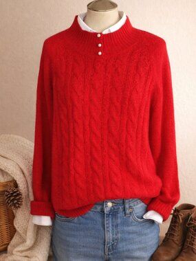 Vintage Jennifer Moore Red Cable Knit Sweater XL Mock Neck Cozy